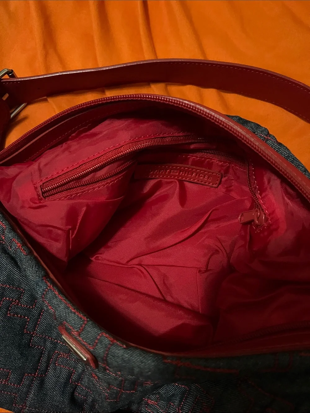 Tommy Hilfiger Navy Canvas Messenger Bag with Red Trim